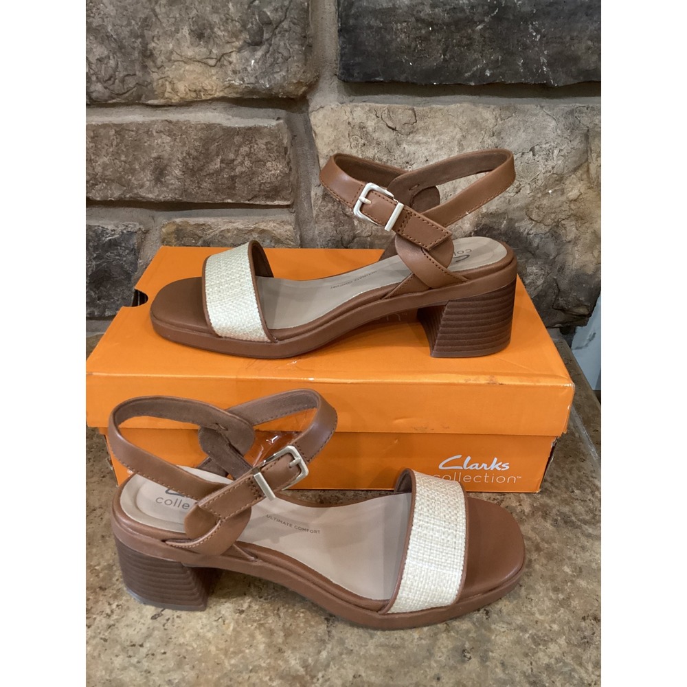 Clarks Collection Jaylan Ray Leather Natural Block Heel Sandals Size 7.5M New